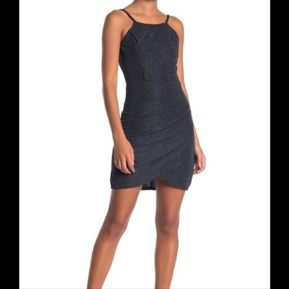 NWT Bailey Blue Charcoal Sparkle Ruched Faux Wrap Dress